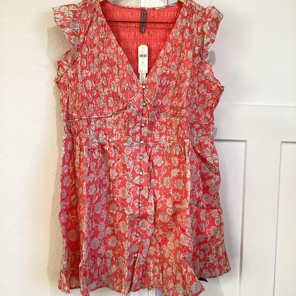 Anthropologie Peregrine Mini Dress Sleeveless V-Neck Smocked New 2X Coral Floral - Picture 4 of 14